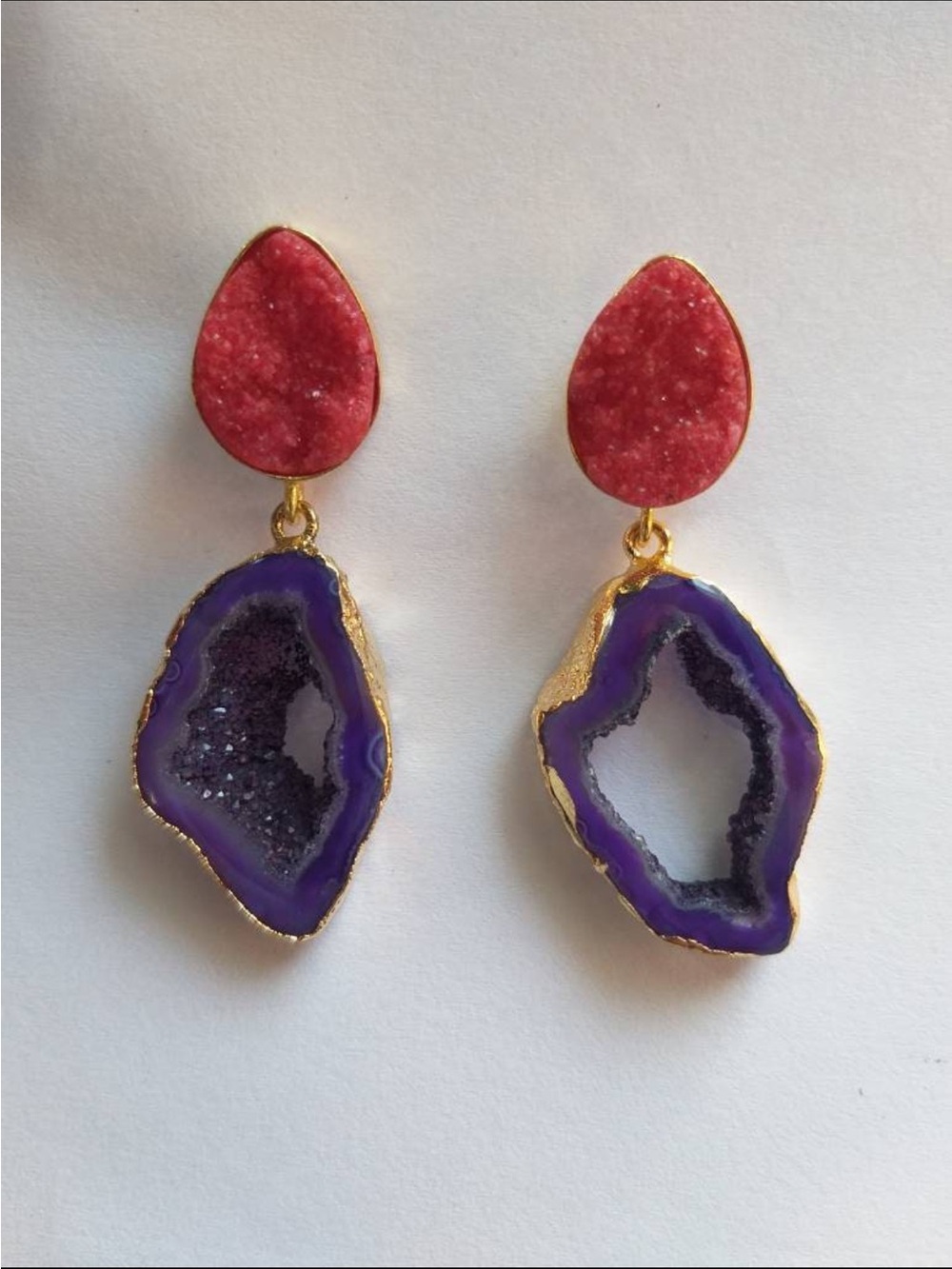 Purple and Pink Druzy Drop Earrings - Gold Trim
